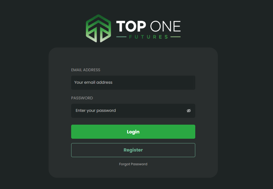 Toponefutures login screen showing username and password fields on a secure browser